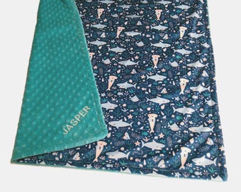 Shark Baby Blanket, Friendly Sharks Toddler Bedding, Personalized Happy Sea Creatures Nursery Decor, Under the Sea Minky Plush