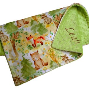 Baby Blanket, Woodland Newborn Baby Gift, Forest Animals Baby Blanket with Satin Ruffle Option, Minky Plush Personalized Gender Neutral