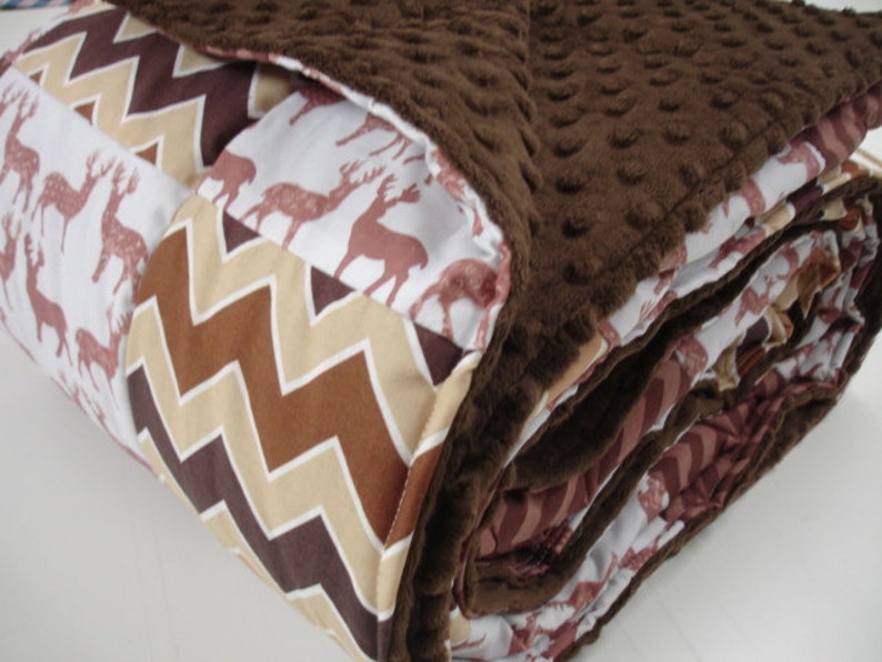 Meadow Deer in Brown with Chevron Minky Blanket You Choose Size and Minky Color MADE TO ORDER