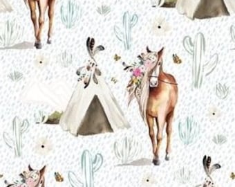 Minky Fabric, Boho Horse Floral Quilting Panel, 27"x36", Aztec Teepees Material for Baby Blanket