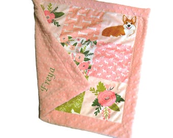Corgi Blanket, Personalized Dog Bedding for Girl, Minky Baby Blanket, Satin Ruffle Option