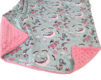 Mermaid Baby Blanket, Ready to Ship Under the Sea Nursery Decor, Coral and Seafoam Minky Plush