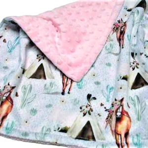 Horse Blanket, Personalized Boho Horses Throw, Aztec Theme Horse Gift for Girl, Pink and Aqua Pony Nursery Bedding