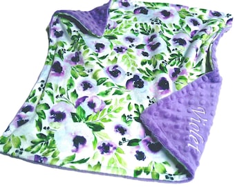Purple Violets Blanket, Personalized Floral Throw, Bedding with Satin Ruffle Option