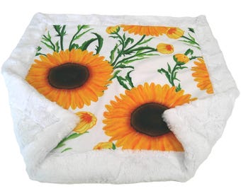 Sunflower Blanket, Yellow Floral Bedding, All Sizes, Personalized Minky Throw, Cottage Decor, Satin Ruffle Option