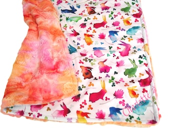 Rabbit Blanket, Personalized Bunny Bedding, Bright and Colorful, All Sizes, Satin Ruffle Option