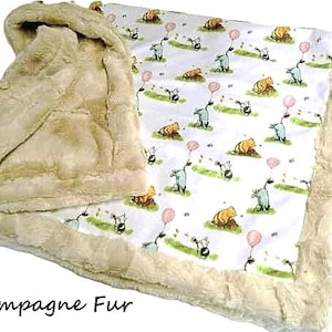 Winnie the Pooh Blanket, Custom with Name, Neutral Nursery Decor, Minky Baby Blanket with Satin Ruffle Option, Baby Shower Gift