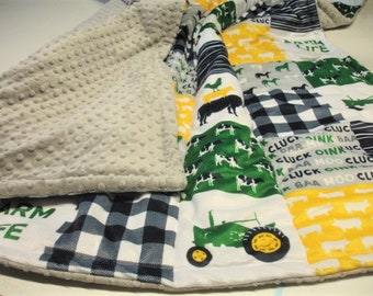 Farm Life Blanket Cotton and Minky Blanket Personalized Navy Blue Yellow Green Gray Baby Toddler Child Adult Blanket Minky