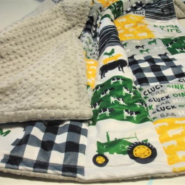 Farm Life Blanket Cotton Comforter Navy Blue Yellow Green Gray Baby Toddler Child Adult Sizes Minky Faux Fur