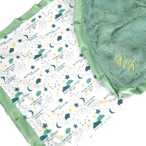 May include: A baby blanket featuring a white fabric side with a pattern of dark teal clouds, yellow stars, and crescent moons, interspersed with text. The reverse side is a textured sage green plush fabric with the embroidered gold letters MK.