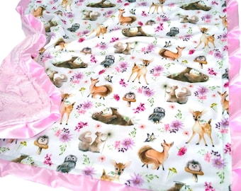 Woodland Animals Blanket, Personalized Forest Friends for Girl, Minky Plush, All Sizes, Satin Ruffle Option