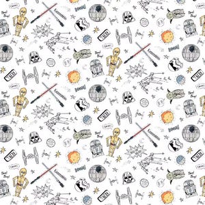 May include: A white fabric pattern featuring hand-drawn Star Wars illustrations including C-3PO, R2-D2, Darth Vader, Yoda, X-wing fighters, TIE fighters, Death Stars, and lightsabers. Text bubbles include "Rule the Galaxy," "Boom!," "Oh My!," and "Kssssshhhh."