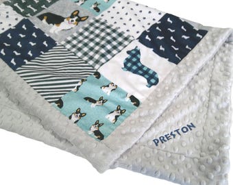 Corgi Blanket, Tri Corgi Dog Bedding, Personalized Navy and Gray Minky Plush with Satin Ruffle Option