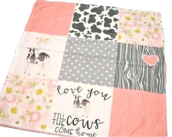Baby Lovey, Farm Receiving Blanket for Girl, Ready to Ship Security Blanket, Cow Baby Gift, Cotton and Minky Burp Cloth