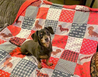 Wiener Dog Blanket, Personalized Dachshund Bedding, Short Haired Red and Gray Large Adult Plush Throw