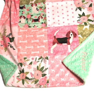 Beagle Baby Blanket, Personalized Gift for Beagle Lover, Pink Dog Blanket for Girl, Warm and Soft Bedding, Beagle with Flowers
