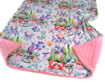 Under the Sea Blanket, Personalized Ocean Friends Pastel Bedding, All Sizes, Satin Ruffle Option