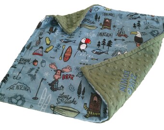 Alaska Baby Lovey, Travel Blanket, Personalized Alaskan Adventure Bedding, All Sizes, Satin Ruffle Option