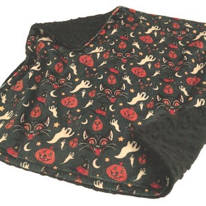 Bats and Pumpkins Blanket, Personalized Retro Halloween Bedding, Orange and Black Minky Plush
