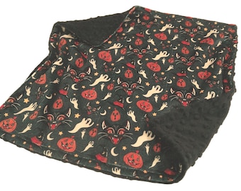 Bats and Pumpkins Blanket, Personalized Retro Halloween Bedding, Orange and Black Minky Plush