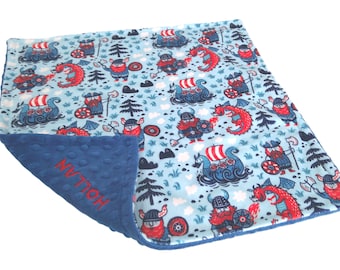 Personalized Viking Blanket, Dragons and Viking Ships, Norse Bedding, All Sizes, Minky Plush, Satin Ruffle Option