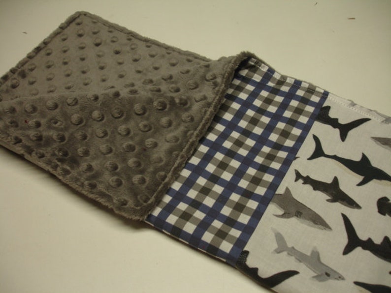 Sharks in the Deep with Plaid Minky Baby Lovey 16 x 16 READY TO SHIP