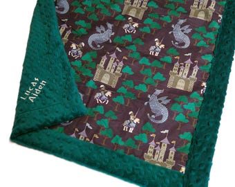 Knights Baby Blanket Lovey Medieval Baby Gift Knights Dragons Personalized Castle Raid Security Blanket Cotton and Minky Plush
