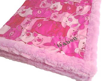 Pig Blanket, Personalized Pink Piglet Nursery Bedding with Satin Ruffle Option