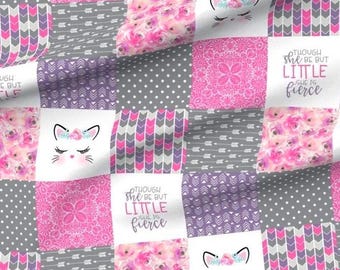 Cat Blanket for Girl, Personalized Kitten Bedding, She Be but Little She is Fierce, Pink and Purple with Satin Ruffle Option