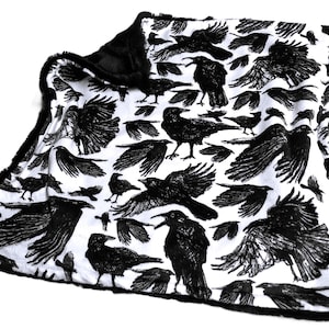Raven Gift Blanket for Adult Embroidered Baby Blanket, Custom Minky Blanket, Gothic Bird Plush Throw with Satin Ruffle Option
