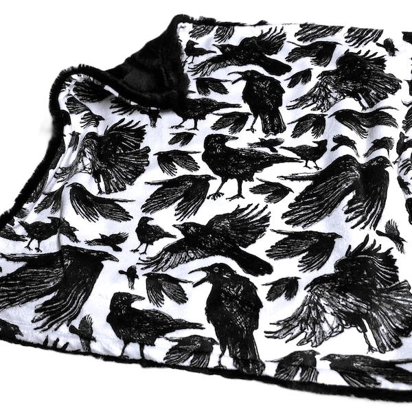 Raven Blanket, Custom Minky Blanket, Gothic Bird Plush Throw with Satin Ruffle Option