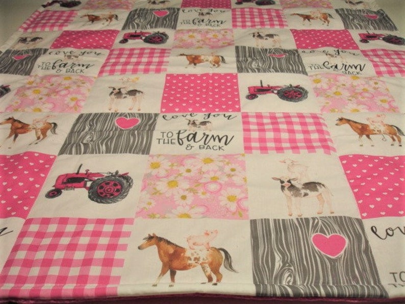 Farm Minky Blanket Hot Pink Gray Girls Tractor Baby Toddler Etsy