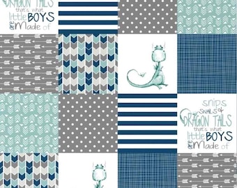 Dragon Blanket for Boy, Personalized Chivalry Theme Bedding, Teal Mint Gray with Satin Ruffle Option