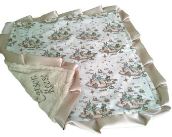 Neverland Baby Blanket, Custom Peter Pan Bedding, Map of Neverland Throw, Neutral Nursery Decor