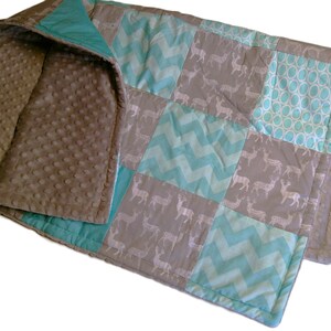 Deer Crib Blanket, Aqua and Gray Woodland Theme Baby Comforter, Ready to Ship Baby Shower Gift, Patchwork Cotton and Minky Plush
