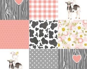 Minky Fabric, Farm Love for Girl, Peach and Gray Wholecloth Quilting Panel 36"x36"