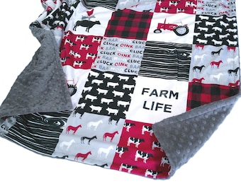Personalized Farm Life Blanket, Boys Tractor Bedding, Farm Animals Nursery, Red and Gray Throw