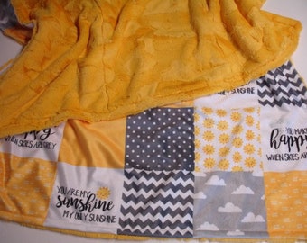 You Are My Sunshine Blanket Personalized Baby Blanket Yellow Gray Baby Toddler Child Adult Minky Blanket Plush Fur