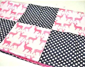 Deer Baby Blanket, Navy and Pink Hunting Gift for Girl, Ready to Ship Security Blanket Cotton and Minky