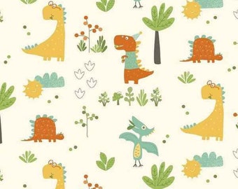 Dinosaurs Cotton Fabric Eat Your Veggies Main Cream Riley Blake CD12952-BLUE By the Yard