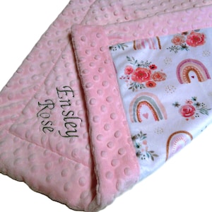Baby Blanket, Boho Girls Rainbow Floral Custom Gift with Embroidered Name, Minky Plush Newborn Nursery Decor Throw