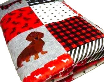 Wiener Dog Blanket, Personalized Dachshund Bedding, Short Haired Red and Gray Large Adult Plush Throw