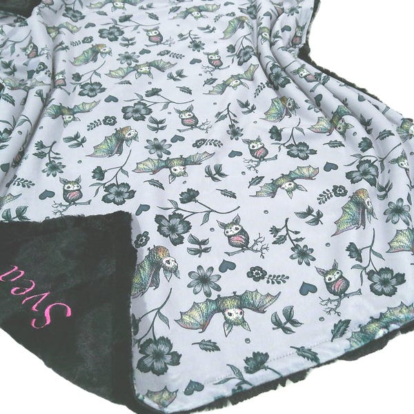 Bat Blanket, Personalized Gothic Bedding, All Sizes, Black and Gray Baby Blanket, Satin Ruffle Option