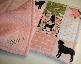 Personalized Black Lab Blanket Baby Girl Labrador Blanket Toddler Child Adult Blanket Pink Green Floral Minky