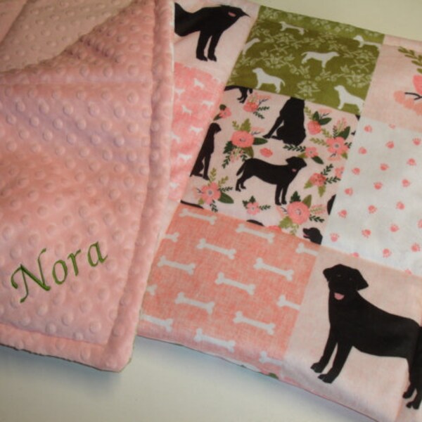 Personalized Black Lab Blanket Baby Girl Labrador Blanket Toddler Child Adult Blanket Pink Green Floral Minky