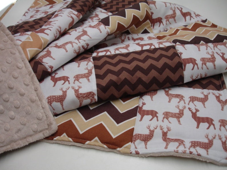 Meadow Deer in Brown with Chevron Minky Blanket You Choose Size and Minky Color MADE TO ORDER