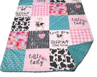 Personalized Cow Blanket for Girl, Pink Tractor Farm Bedding, Little Lady, Satin Ruffle Option