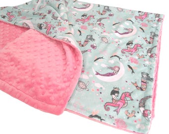 Mermaid Blanket, Personalized Under the Sea Bedding for Girl, All Sizes, Miinky Plush, Pastel Colors, Satin Ruffle Option