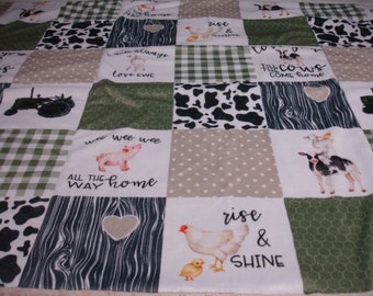 Farm Love Blanket Personalized Baby Blanket Green Tan Gray Toddler Child Adult Minky Blanket Gender Neutral