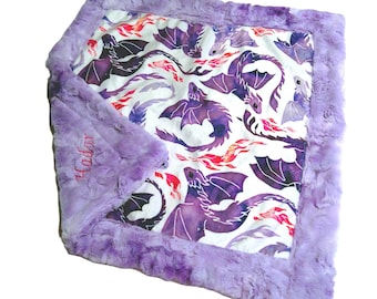 Purple Dragon Lovey, Personalized Dragon Fire Fur Security Blanket. Satin Ruffle Option